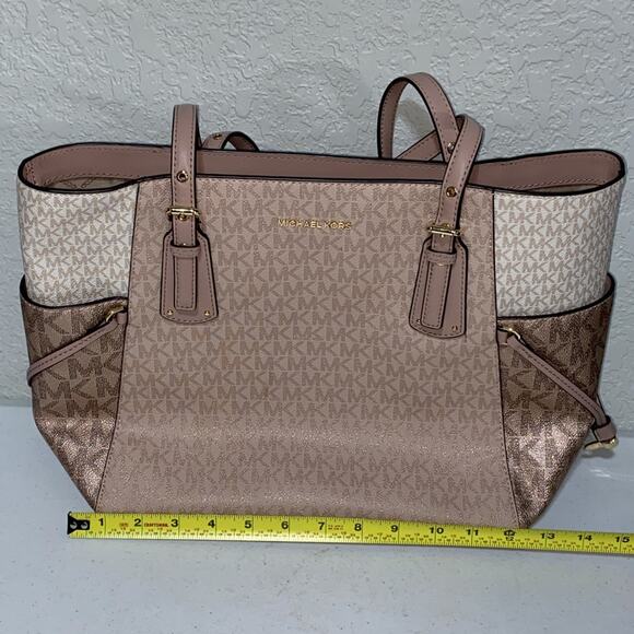 Michael Kors Voyager Tote Signature MK Logo Large Shoulder Bag Purse Rose Gold - Picture 11 of 14